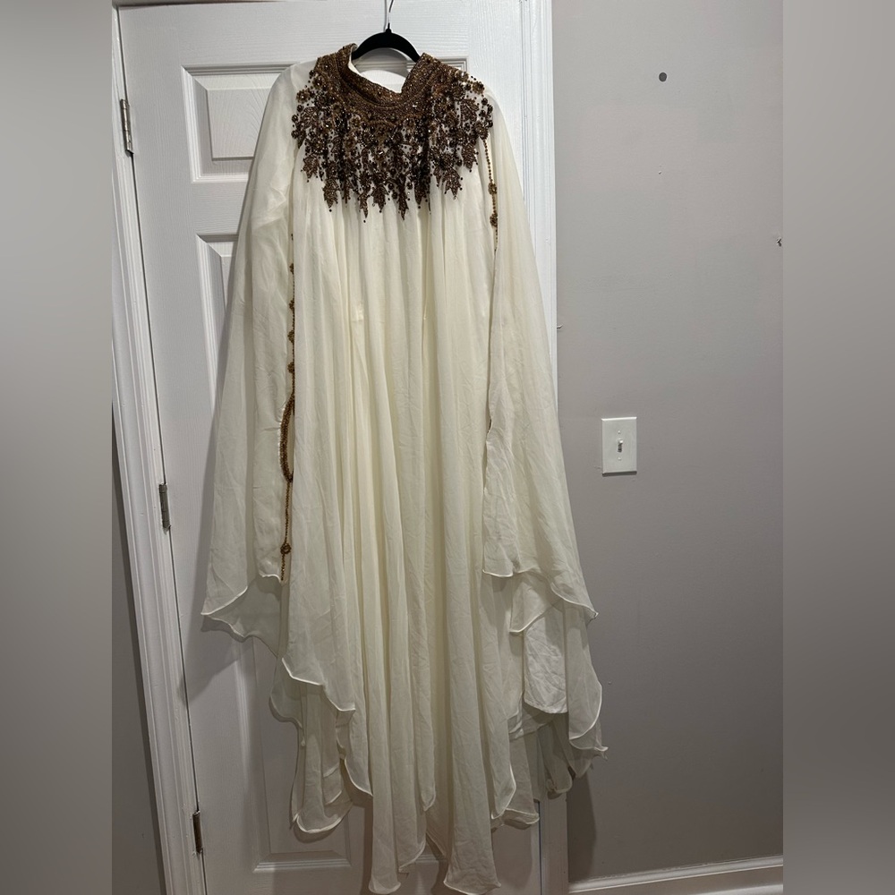 Elegant Cream and Brown Embellished Cape Dress - Abaya Dress